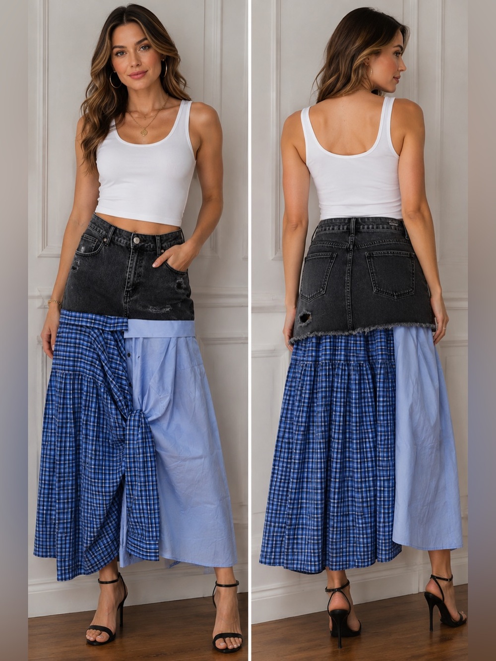 Upcycled shirt denim Maxi Skirt size L